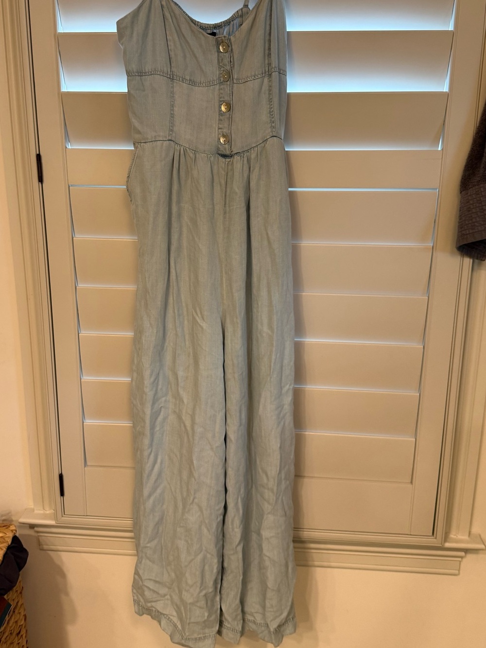 Aqua Pale Blue Denim Sleeveless Wide-Leg Jumpsuit with Buttons